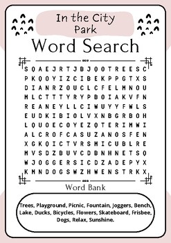 In the City Park : Word Search Puzzle Challenge Printable Activity Sheet
