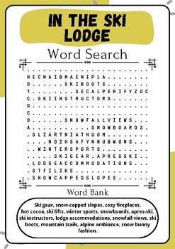 In the Ski Lodge : Word Search Puzzle Challenge Printable Activity Sheet