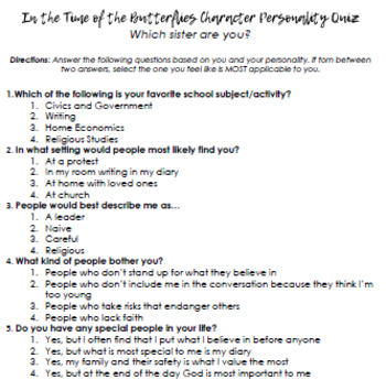 In the Time of the Butterflies: Character Personality Quiz | TPT