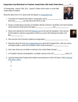 Preview of Inauguration Day Worksheet All Grade Levels Webquest Joseph R Biden US History
