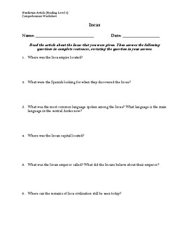Preview of Inca Article (Reading Level 2) Comprehension Worksheet