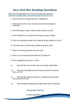 Preview of Inca Civil War Reading Questions Worksheet