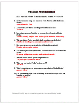 Inca: Machu Picchu in Five Minutes Video Worksheet by History Wizard