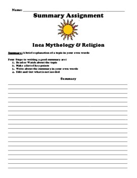 Preview of Inca Mythology & Religion Summary Worksheet