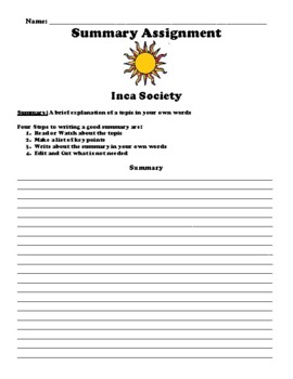 Preview of Inca Society Summary Worksheet