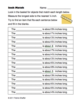 measurement for worksheets math 1 grade on Inch to Center Math   Measurement Nearest Inch 1/4 Match