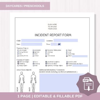 Preview of Incident Accident Report Form | Ouch Report | Daycare Preschool Fillable PDF