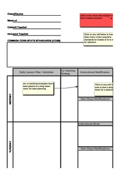Preview of Inclusion Lesson Plan Template with embedded CCSS