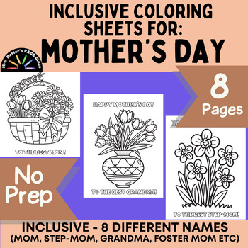 Preview of Inclusive Mother's Day Coloring Sheets - 8 different names & designs - no prep!