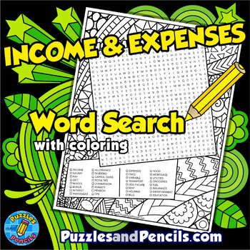 Preview of Income & Expenses Word Search Puzzle with Coloring Activity | Financial Literacy