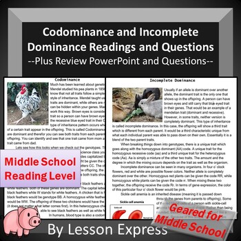 Preview of Incomplete and Codominance Readings and Questions