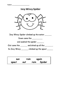 Preview of Incy wincy spider nursery rhyme fill in the blanks - Kindergarten/Year 1