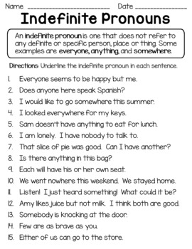 Preview of Indefinite Pronouns Worksheet Distance Learning