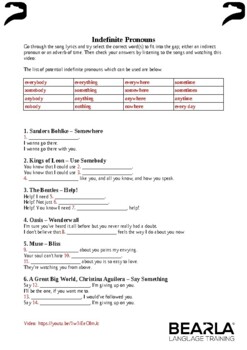 Preview of Indefinite pronouns (in songs) worksheet