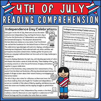 Preview of Independence Day Engaging Nonfiction Reading Passage and Quiz, 4th of July