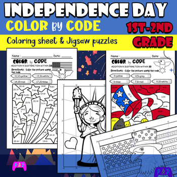 Preview of Independence Day Math Fun Pack 1st-2nd Grade, Coloring, Puzzles,  Color by Code!