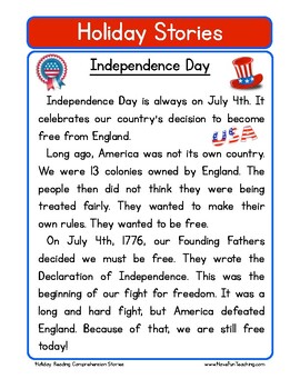 independence day fourth of july reading comprehension worksheet tpt