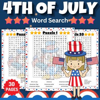 Preview of Independence day Easy Word Search Puzzles With Solutions - Fun 4th July Games