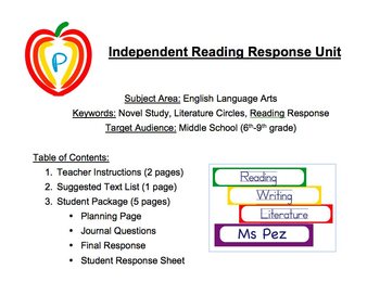 Preview of Independent "Any Novel" Reading Response Plan with Journal Questions