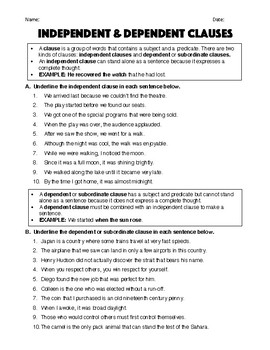 Preview of Independent & Dependent Clauses - Worksheet & Answer Key