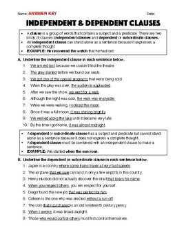 Independent & Dependent Clauses - Worksheet & Answer Key by Robert's