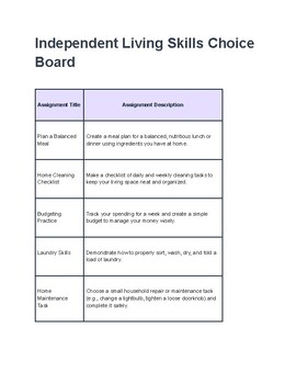 Preview of Independent Living Skills Choice Board