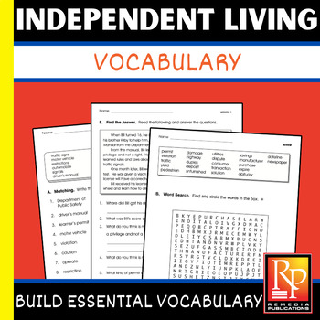 Preview of Independent Living Words Worksheets - Life Skills Vocabulary - Reading Activity