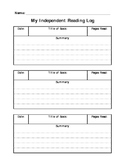 Independent Reading Log with Summary