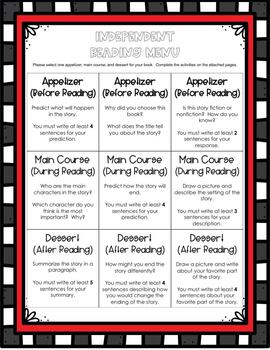 Preview of Independent Reading Menu Printable and Digital Versions - Distance Learning