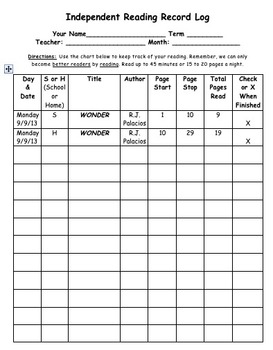 Preview of Independent Reading Record Log