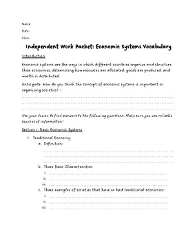 Preview of Independent Work Packet Economic Systems Vocabulary