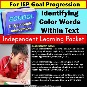 Preview of Independent Work Packet Identify Color Words in Text Worksheets with IEP Goals