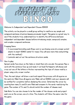 Independent and Dependent Clause BINGO Review Game | TPT