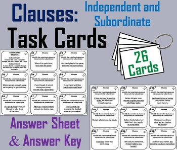 Preview of Independent and Dependent Clauses Task Cards Activity