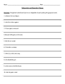 Preview of Independent and Dependent (Subordinate) Clause Review with Detailed Answer Key