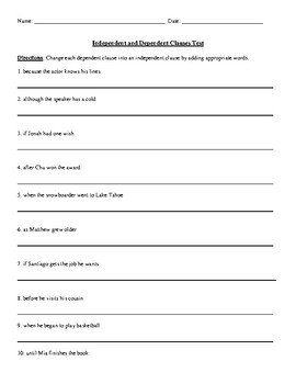 Preview of Independent and Dependent (Subordinate) Clause Test with Detailed Answer Key