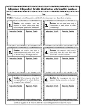 Independent and Dependent Variable ID with Scientific Questions Worksheets