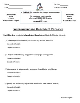 Preview of Independent and Dependent Variable Practice Worksheet with KEY