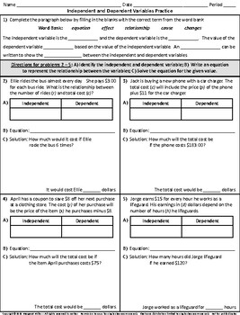 independent and dependent variables in tables and graphs worksheet pdf