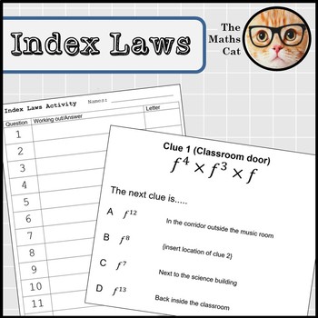 Preview of Index Laws Indices Game with clues around the classroom or school