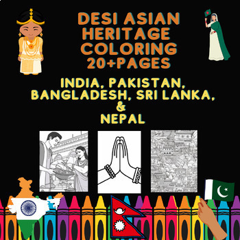 Preview of India, Pakistan, Sri Lanka & Bangladesh Desi Asian Heritage Coloring Pages Set 1