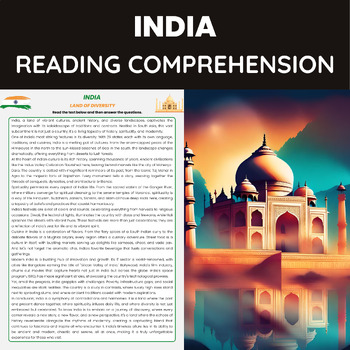 Preview of India Reading Comprehension | Indian History Geography Culture and Cuisine