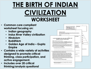 Preview of The Birth of Indian Civilization worksheet - Hinduism and Buddhism