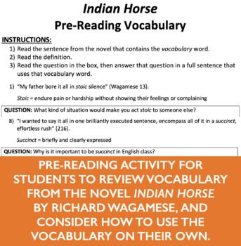 Preview of Indian Horse - Pre-Reading Vocabulary - Novel Study - Indigenous