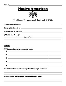 Preview of Indian Removal Act of 1830 "5 FACT" Summary Assignment