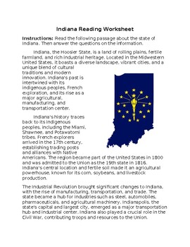 Preview of Indiana State Profile & History Reading Worksheet w/Answer Key **Editable**
