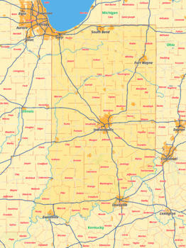 Preview of Indiana map with cities township counties rivers roads labeled