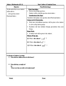 Preview of Indices (D1, D2 & D3 Mathematics) Editable daily lesson plans for grade 5th +
