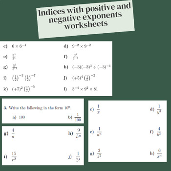 Preview of Indices with positive and negative exponents worksheets