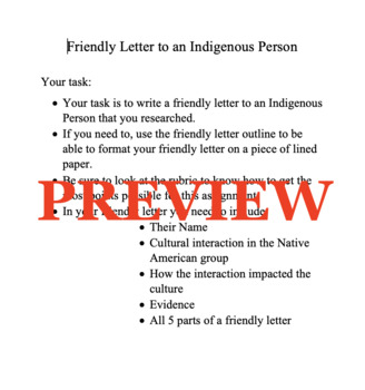 Preview of Indigenous People Friendly Letter and Rubric